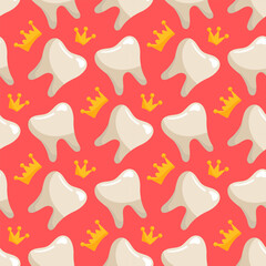 A pattern of simple teeth with a crown. Dentistry. The theme is teeth with a crown. Charming vector illustration. Pink background for tablecloth, fabric, wrapping paper. Seamless pattern