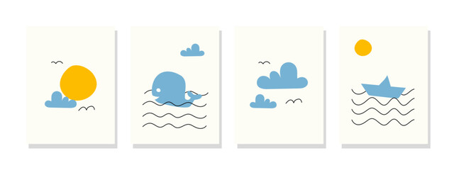 A beautiful beach ocean illustration background with whales swimming happily and boats sailing on a sunny day. Bright backdrop, ideal for children's interior wall art.