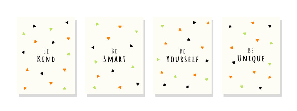 Inspiring wall art for kids, promoting kindness, intelligence, individuality, and uniqueness. Colorful minimal triangle pattern design as the backdrop.