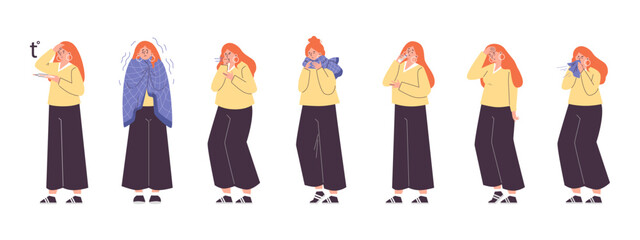 Cold and flu symptoms with female character flat vector illustration isolated.