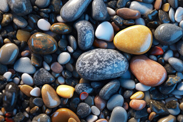 Fototapeta na wymiar Sea Pebbles On The Seashore With Sunbeams Created With The Help Of Artificial Intelligence