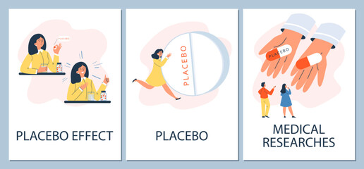 Set of posters or vertical banners about placebo effect flat style