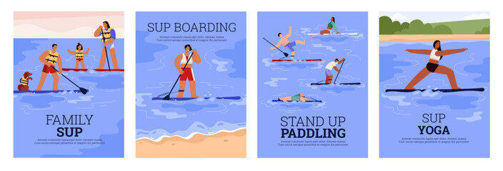 People sub boarding or paddle boarding - posters set templates flat vector illustration.