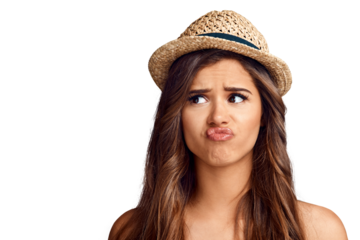 Thinking, beauty and young woman with idea, dreaming or thoughtful facial expression. Beautiful, straw hat and female model with question or contemplating face isolated by transparent png background.