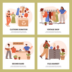 Fototapeta premium Second hand shop, flea market and clothing donation posters set, flat vector illustration.