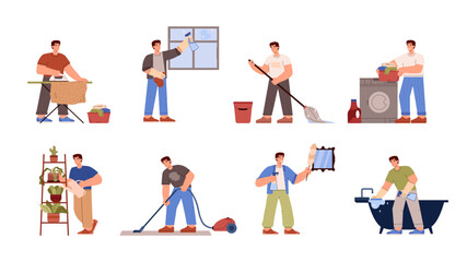 Set of man doing household chores, flat vector illustration isolated on white background.