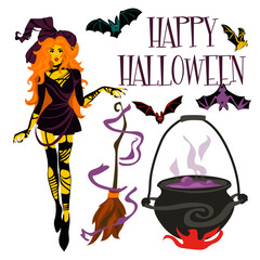 Vector illustration of a witch with bats, a cauldron, a broom and the inscription Happy Halloween for a party invitation card, poster. Greeting card, banner for the Day of the Dead. Printing in bright
