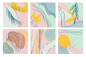 Set of six abstract posters. Hand drawn various shapes and doodles. Modern contemporary trendy vector illustration. Suitable for textile, interior decoration, background. Each background is isolated. 