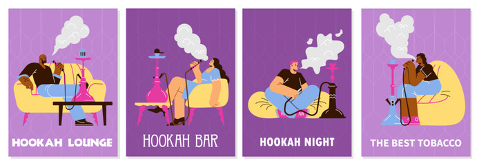 Fototapeta premium Set of posters with people smoking hookah, flat vector illustration.