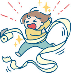 トイレットペーパーを出して遊ぶ女の子のイラスト
