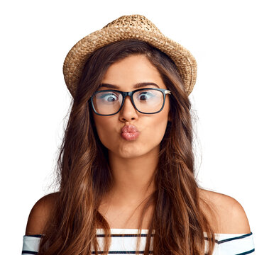 Silly, funny and woman with a goofy expression with accessories and a comic face. Crazy, comedy and beautiful young female model with hipster glasses and hat isolated by a transparent png background.