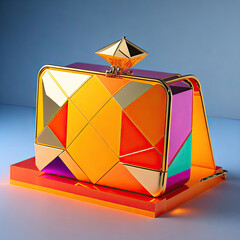 a colorful purse in a rectangular shape is in front of a light table, in the style of translucent geometries, light amber and gold, hard surface modeling, generative AI