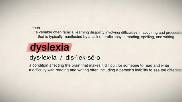 The Word Dyslexia Red Highlighted in a Dictionary Animation