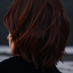 Obraz premium Back view of young woman with long brown hair in the street.