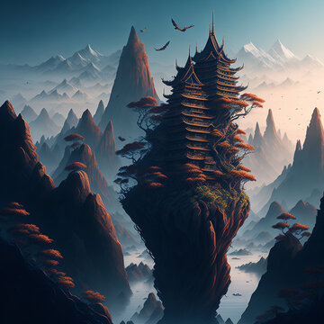 Fantastic landscape with Chinese temple on the mountain and trees in the fog. 3d illustration.