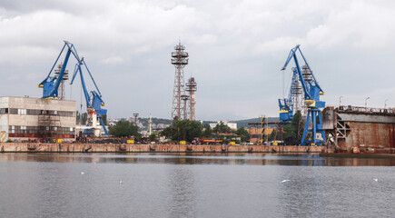 Port cranes and docks, coastal view of Varna wharf