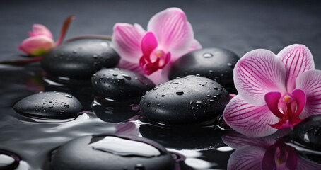 Fototapeta na wymiar Ai generative. Spa stones with pink orchids