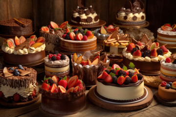 Naklejka premium Many different delicious sweet pastries, cakes, rolls and muffins with fresh fruits and berries, tasty assorted desserts, AI Generated