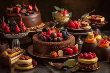 Many different delicious sweet pastries, cakes, rolls and muffins with fresh fruits and berries, tasty assorted desserts, AI Generated