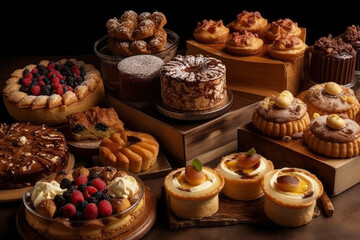 Many different delicious sweet pastries, cakes, rolls and muffins with fresh fruits and berries, tasty assorted desserts, AI Generated