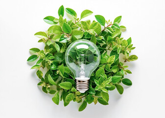 Ai generative.  Eco friendly light bulb with green leaves