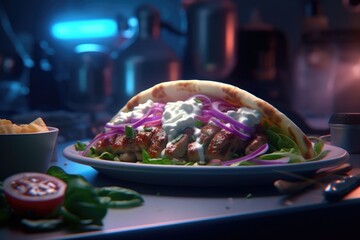 Fototapeta premium Greek Gyro Lamb Feta Cheese Red Onions Tzatziki Sauce Background Image