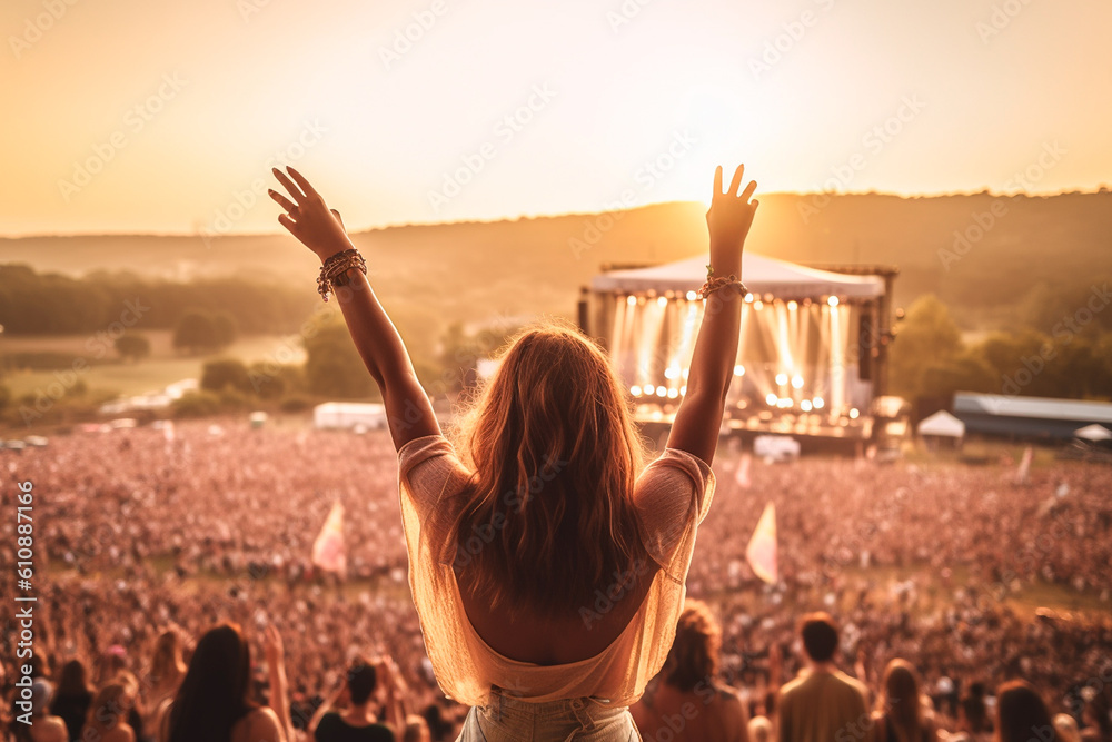 Wall mural Two women enjoying a concert at a music festival. Back view