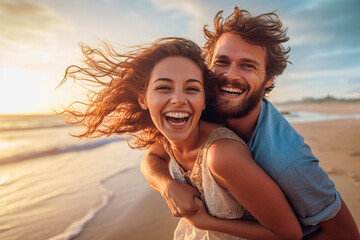 Beautiful young couple smiling on a summer day at the beach - obrazy, fototapety, plakaty