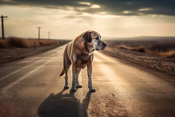 Sad abandoned dog on the road in summer vacation