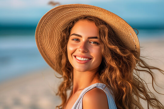 Portrait of an attractive young woman in straw hat smiling on the beach
