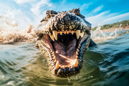Crocodile attacking with its mouth open