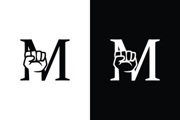 Hand fist and M letter black and white concept. Very suitable in various business purposes also for icon, logo, symbol and many more.