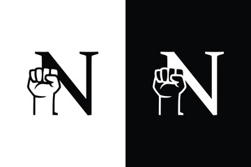 Hand fist and N letter black and white concept. Very suitable in various business purposes also for icon, logo, symbol and many more.