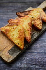 French toast  and white cheese. Rustic breakfast  made from deep fried   bread   with organic free range   eggs