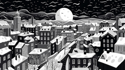 Snowy winter night city in a minimal linocut style illustration , black and white. Created with Generative AI technology	
