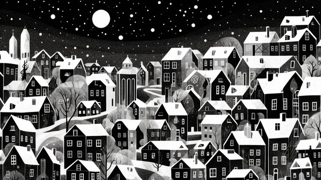 Snowy winter night city in a minimal linocut style illustration , black and white. Created with Generative AI technology © Oksana
