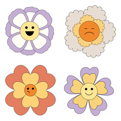 Groovy flower cartoon illustration characters. Funny happy daisy with eyes and smile. Isolated vector illustration.