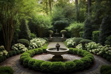 Fountain paths bushes plants. Generate Ai