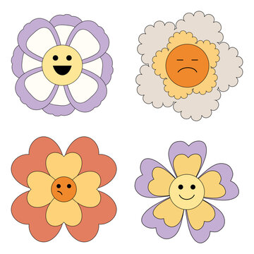 Groovy flower cartoon illustration characters. Funny happy daisy with eyes and smile. Isolated vector illustration.