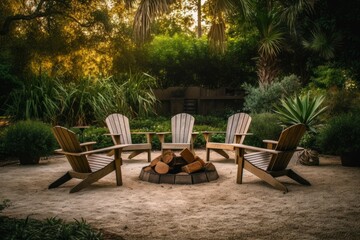 Four chair fire pit backyard. Generate Ai