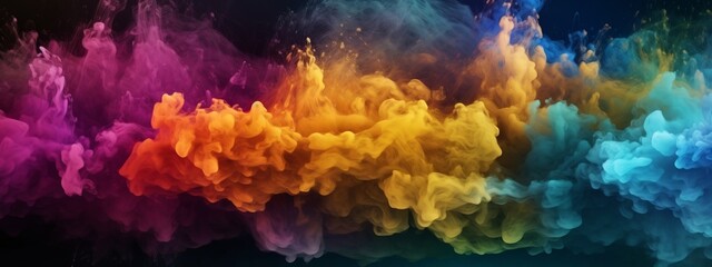 Fototapeta na wymiar Abstract paint water. Color mist. Magic spell mystery. Bold colors rainbow contrast vapor floating splash cloud texture background banner Generative AI
