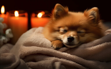 Serenity and Beauty: Sleeping Pomeranian Dog in Spa Atmosphere. Generative AI