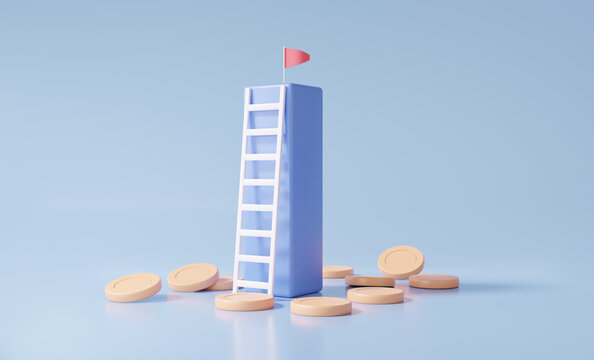 3D Strategy Ladder Money Stacks Red Flag With Grow Saving Coins Growth Business Investment, Vision Target Successful Finance Management Concept. Minimal Cartoon. 3d Render Illustration