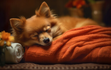 Blissful Rest: Sleeping Pomeranian Dog in Spa Studio. Generative AI