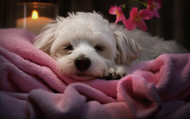 Tranquil Spa Retreat: Sleeping Maltese Dog with Candles and Flowers. Generative AI