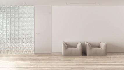 Minimal waiting sitting room with bleached parquet in white tones. Glass brick walls, soft armchairs and door. Modern interior design idea