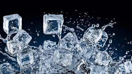 Ice cubes and water splashes on black background. 3d rendering