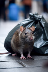 A rat sits next to a bag of garbage on the background of urban street. Garbage dump. Vertical photo. Generative AI
