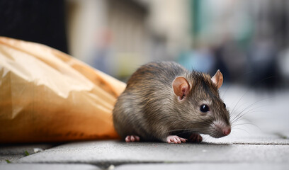 A rat sits next to a bag of garbage on the background of urban street. Garbage dump. AI Generative