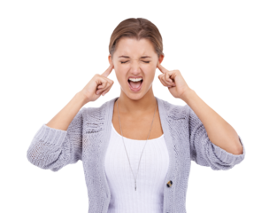 Isolated woman, shout and fingers in ears for anxiety, stress and frustrated by transparent png background. Girl, model and student with mental health, anger and overwhelmed by study, test and exam